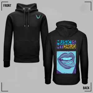 MUSIC IS MY DRUG (Blue) Black Hoodie Unisex