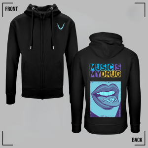 MUSIC IS MY DRUG (Blue) Black Zip Hoodie Unisex
