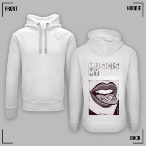 MUSIC IS MY DRUG (Sepia) White Hoodie Unisex