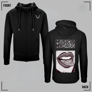 MUSIC IS MY DRUG (Sepia) Black Zip Hoodie Unisex
